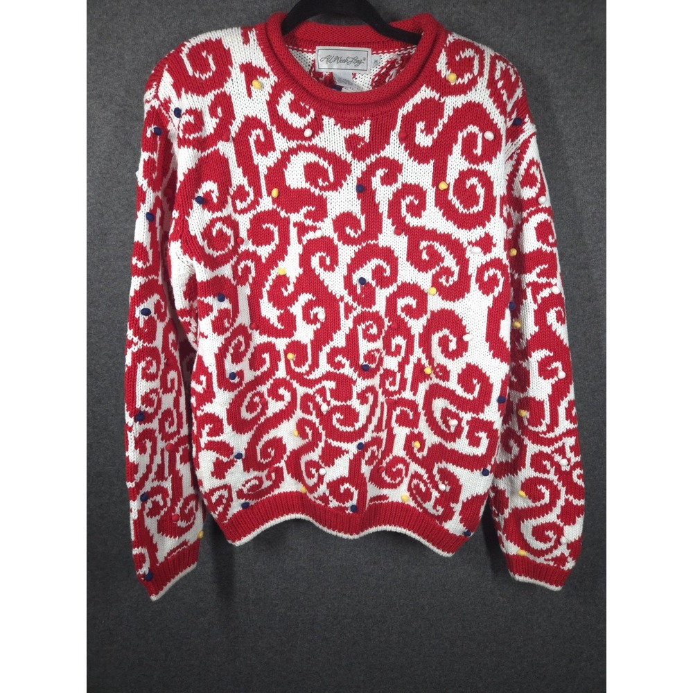 Vtg Late 80s/ 90s‎ All Week Long Sweater Medium Red White Knit Pom Pom Retro